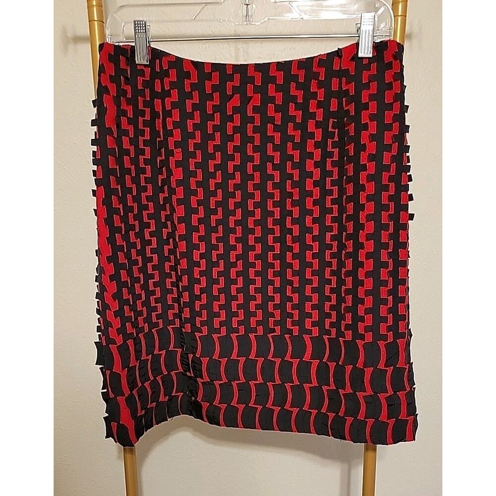 Per Se 100% Virgin Wool & Silk Red Black Geometric Short Pencil Skirt Women's 8